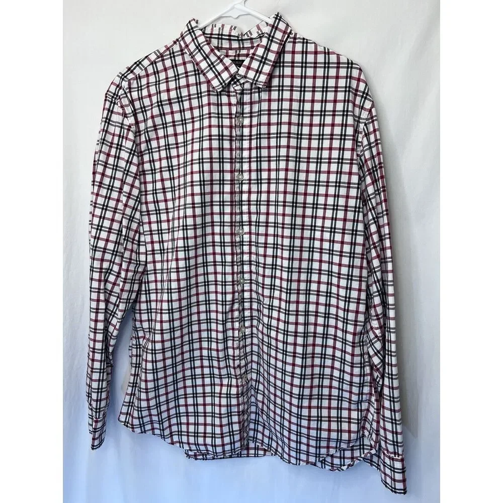 Banana Republic Button Shirt Mens Large Grant Fit‎ Red Black Plaid Long Sleeve